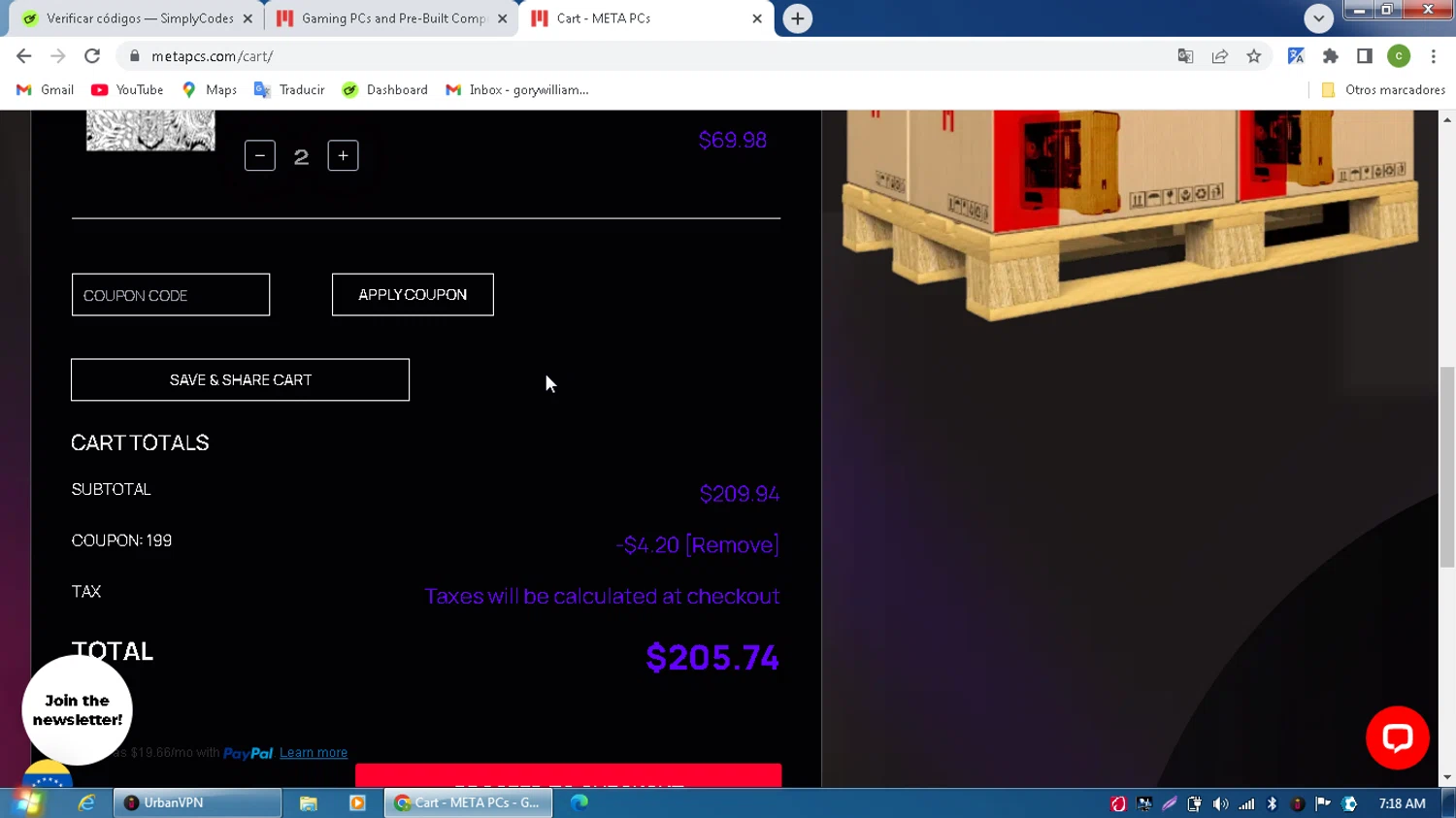 META PCs coupon code screenshot showing code 199 applied at META PCs checkout page. Uploaded by SimplyCodes community member MagnificentPilot8371 on Sep 19, 2025