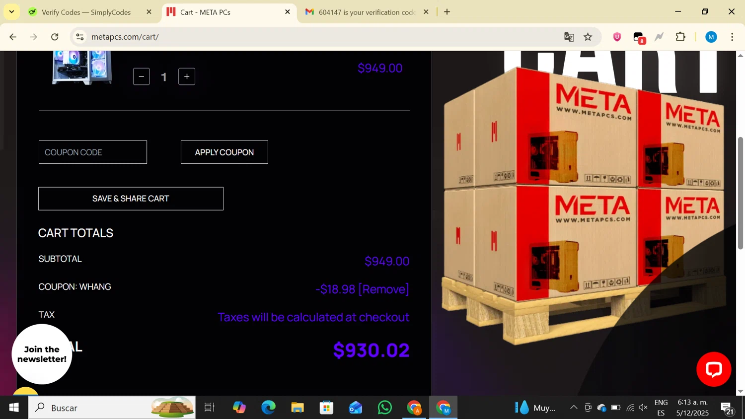 META PCs coupon code screenshot showing code Whang applied at META PCs checkout page. Uploaded by SimplyCodes community member LegendaryAce4371 on Dec 5, 2025