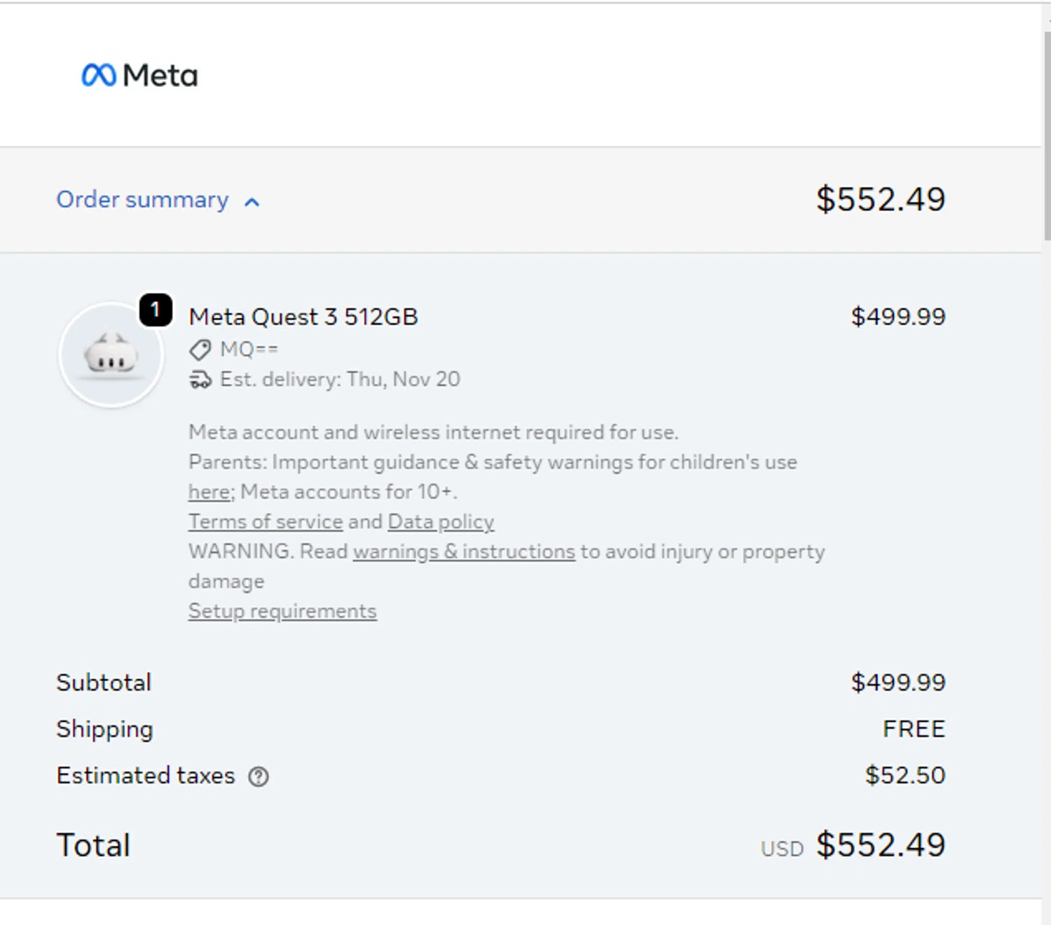 Meta Quest (formerly Oculus) promo code screenshot showing code TTTT applied at Meta Quest (formerly Oculus) checkout page. Uploaded by SimplyCodes community member Menotii23 on Nov 18, 2025