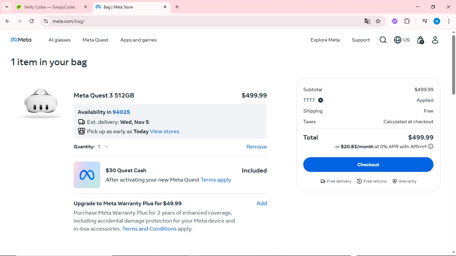 Meta Quest (formerly Oculus) promo code screenshot showing code TTTT applied at Meta Quest (formerly Oculus) checkout page. Uploaded by SimplyCodes community member QuestOwl6398 on Nov 1, 2025