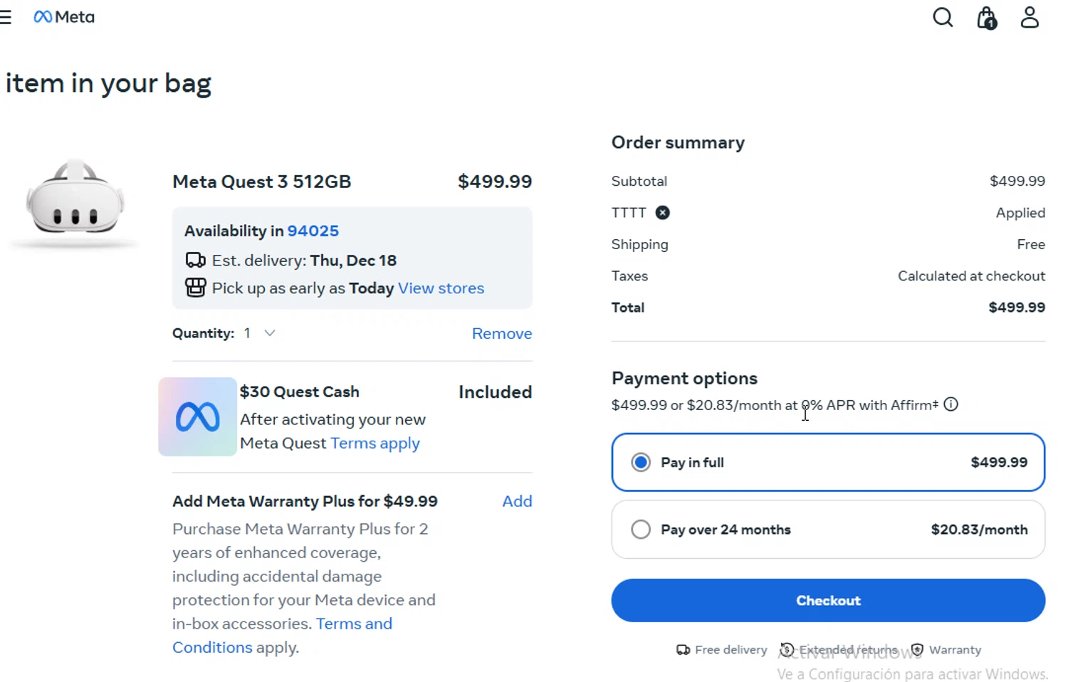 Meta Quest (formerly Oculus) promo code screenshot showing code TTTT applied at Meta Quest (formerly Oculus) checkout page. Uploaded by SimplyCodes community member Sheele_Icon on Dec 16, 2025