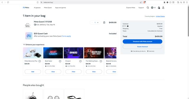 Meta Quest (formerly Oculus) checkout page showing Meta Quest (formerly Oculus) promo code box | Screenshot taken by SimplyCodes community member on Sep 10, 2025