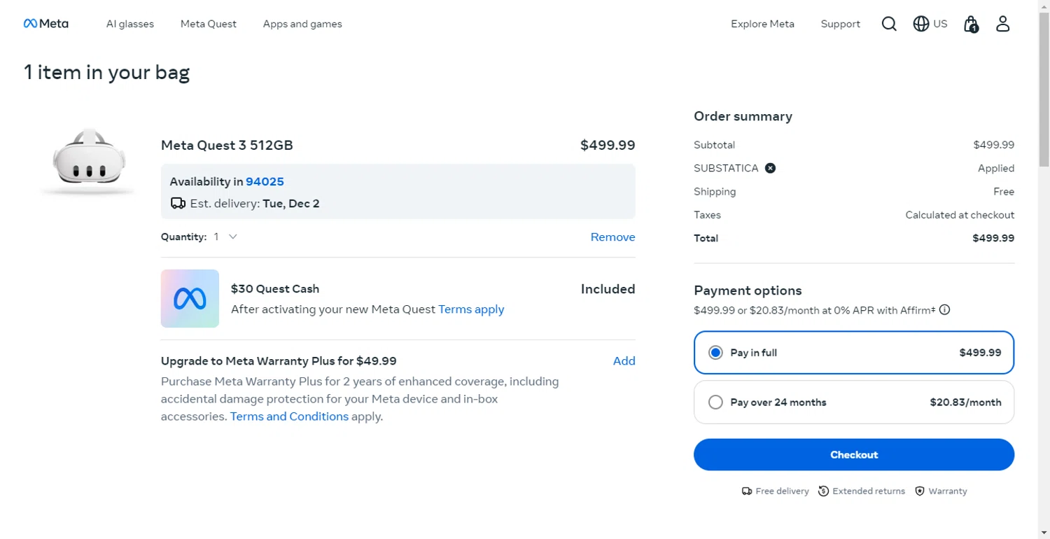 Meta Quest (formerly Oculus) promo code screenshot showing code SUBSTATICA applied at Meta Quest (formerly Oculus) checkout page. Uploaded by SimplyCodes community member BargainMonarch8220 on Nov 30, 2025