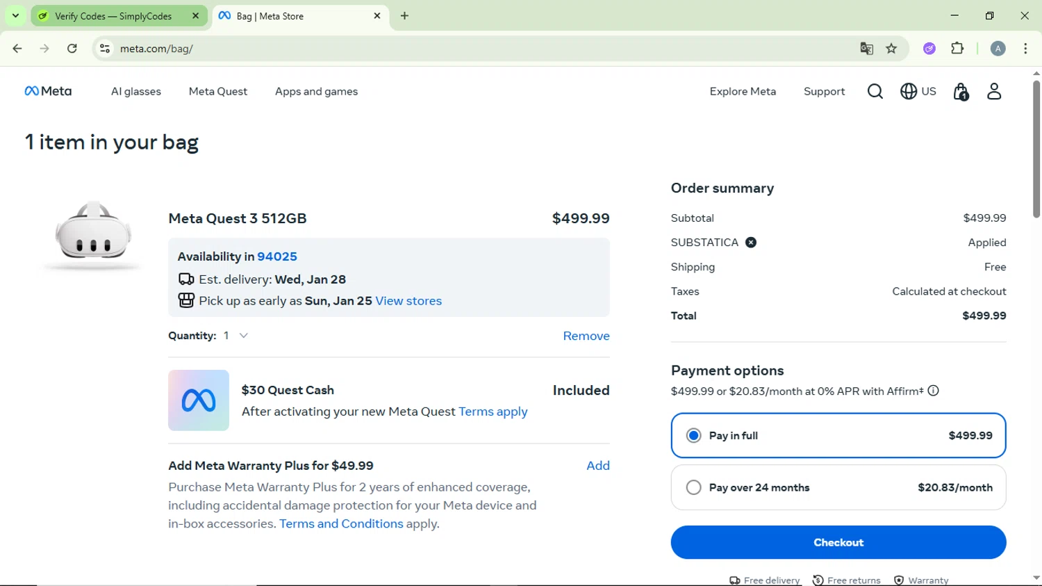 Meta Quest (formerly Oculus) promo code screenshot showing code SUBSTATICA applied at Meta Quest (formerly Oculus) checkout page. Uploaded by SimplyCodes community member DiscountVirtuoso6243 on Jan 27, 2026