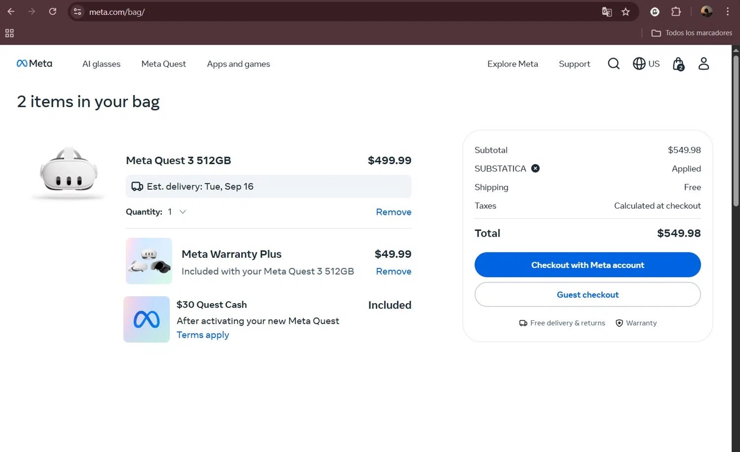 Meta Quest (formerly Oculus) promo code screenshot showing code SUBSTATICA applied at Meta Quest (formerly Oculus) checkout page. Uploaded by SimplyCodes community member Milaya on Sep 10, 2025