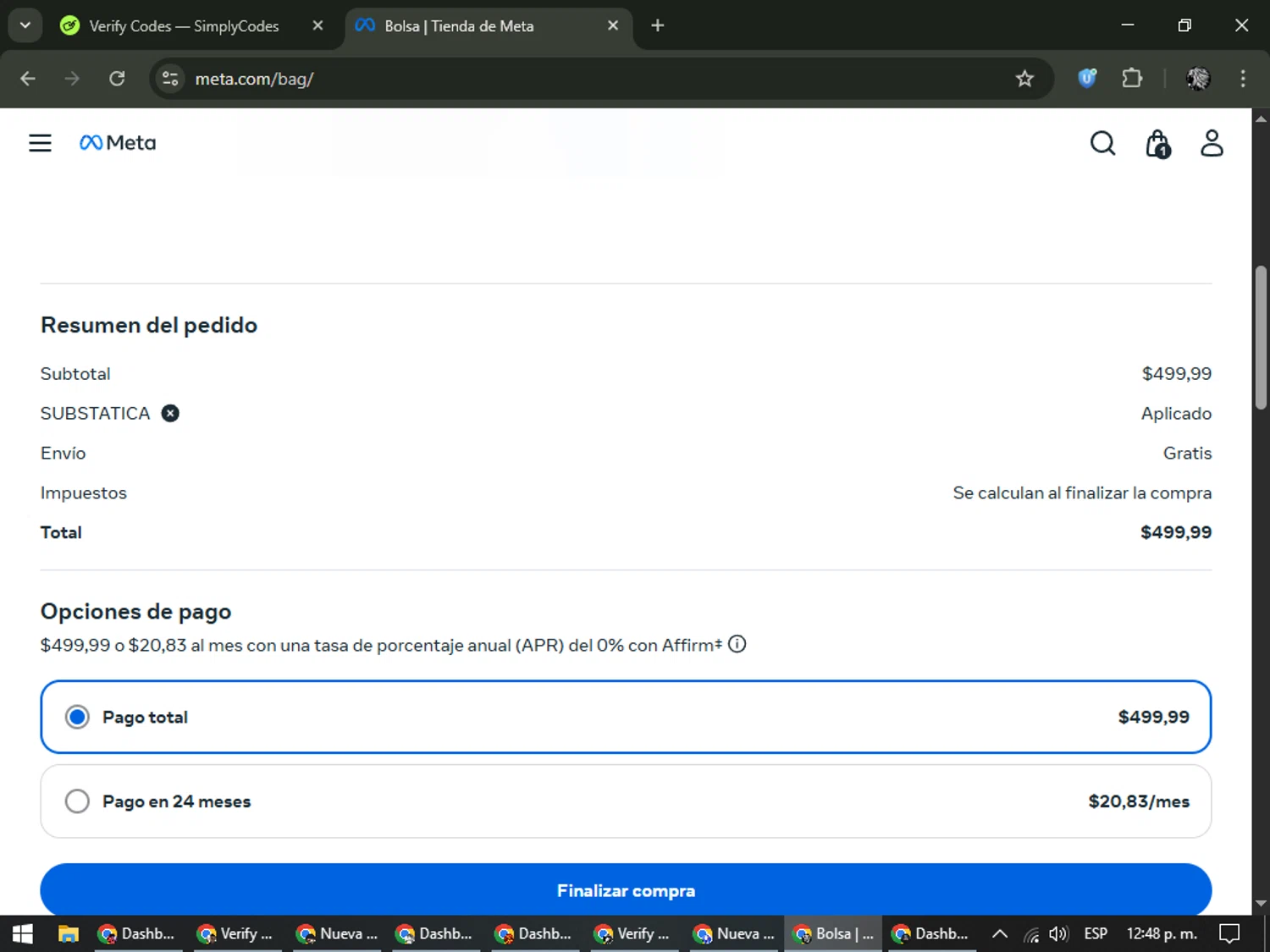 Meta Quest (formerly Oculus) promo code screenshot showing code SUBSTATICA applied at Meta Quest (formerly Oculus) checkout page. Uploaded by SimplyCodes community member PrimeKnight6101 on Dec 16, 2025