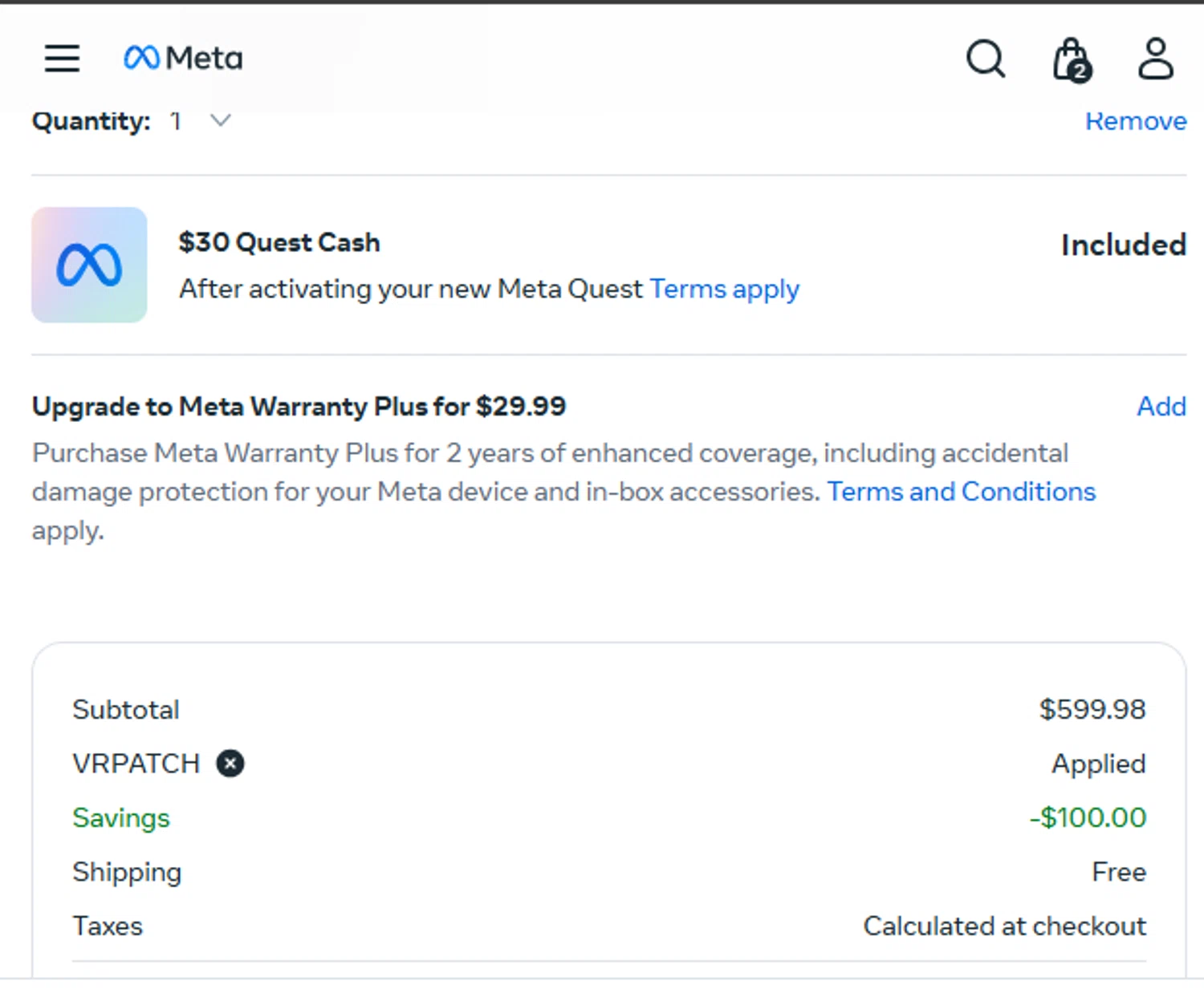 Meta Quest (formerly Oculus) promo code screenshot showing code VRPATCH applied at Meta Quest (formerly Oculus) checkout page. Uploaded by SimplyCodes community member PrimeMaven3104 on Nov 18, 2025