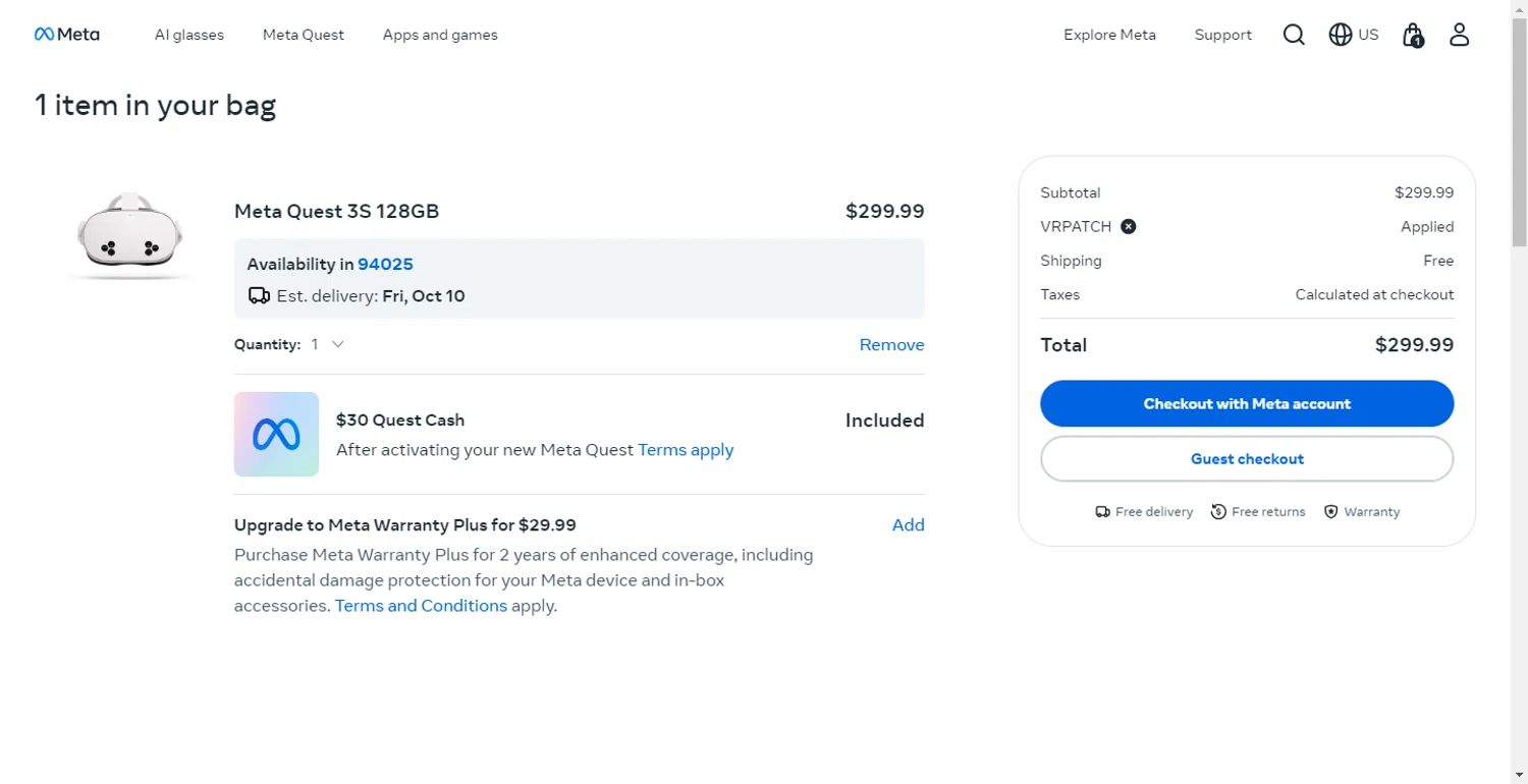 Meta Quest (formerly Oculus) promo code screenshot showing code VRPATCH applied at Meta Quest (formerly Oculus) checkout page. Uploaded by SimplyCodes community member RewardLion6202 on Oct 8, 2025