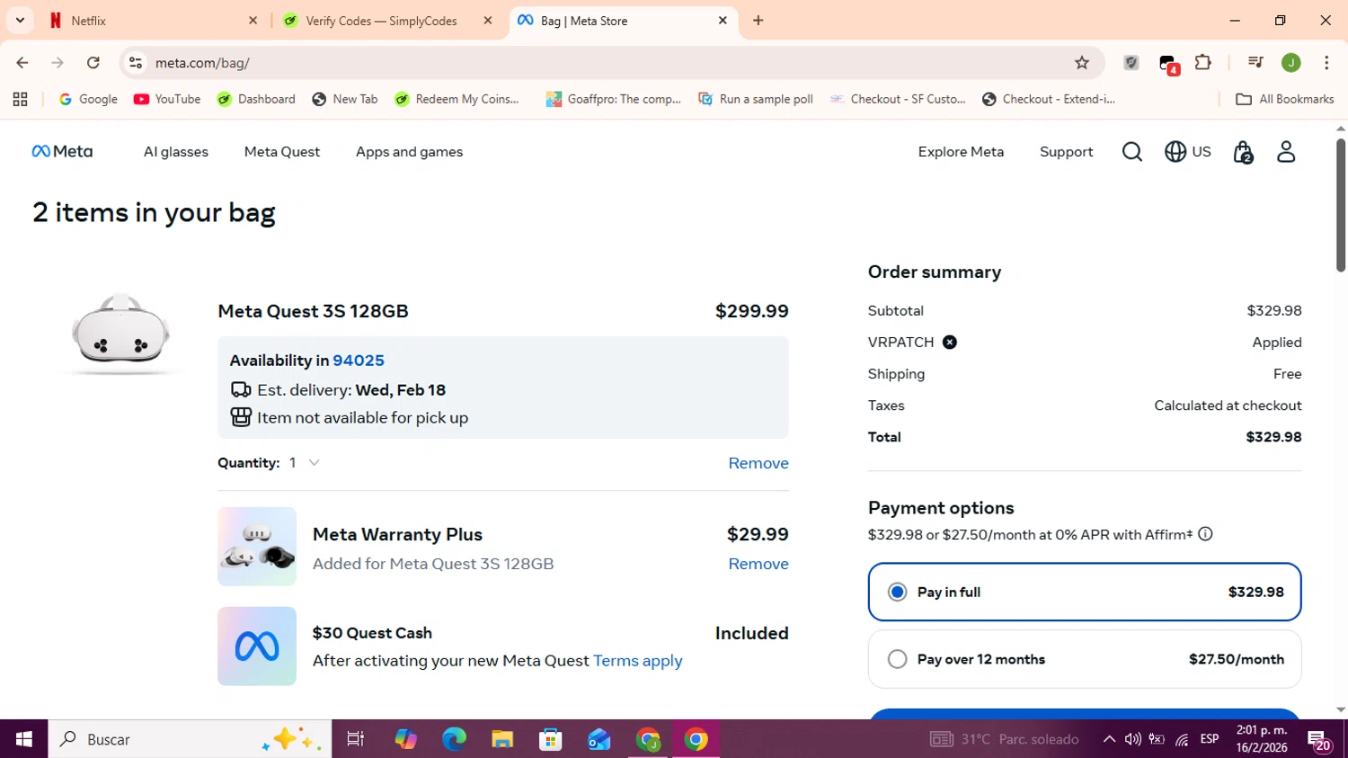 Meta Quest (formerly Oculus) checkout page showing Meta Quest (formerly Oculus) promo code box | Screenshot taken by SimplyCodes community member on Feb 16, 2026