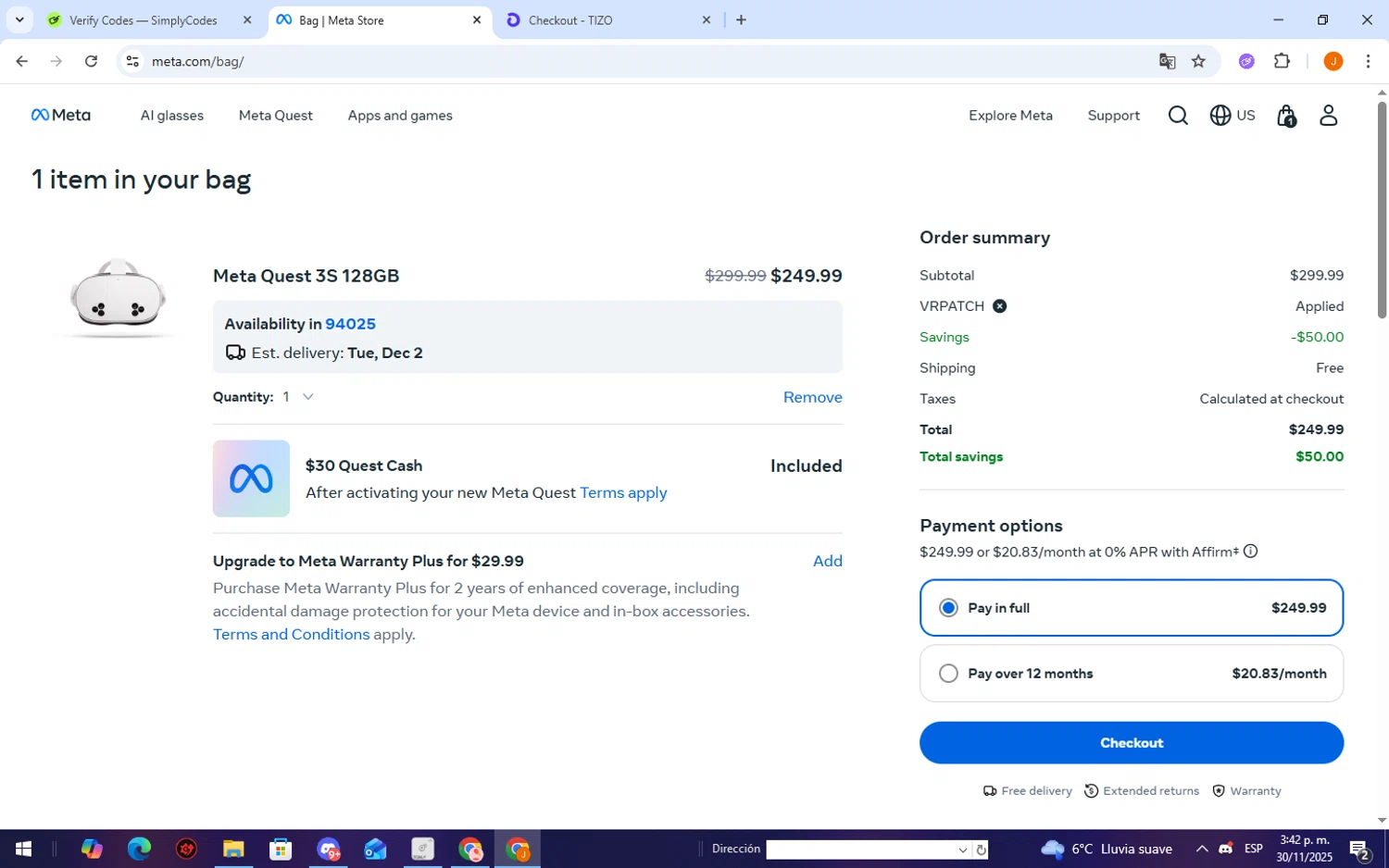 Meta Quest (formerly Oculus) promo code screenshot showing code VRPATCH applied at Meta Quest (formerly Oculus) checkout page. Uploaded by SimplyCodes community member TheCreature on Nov 30, 2025