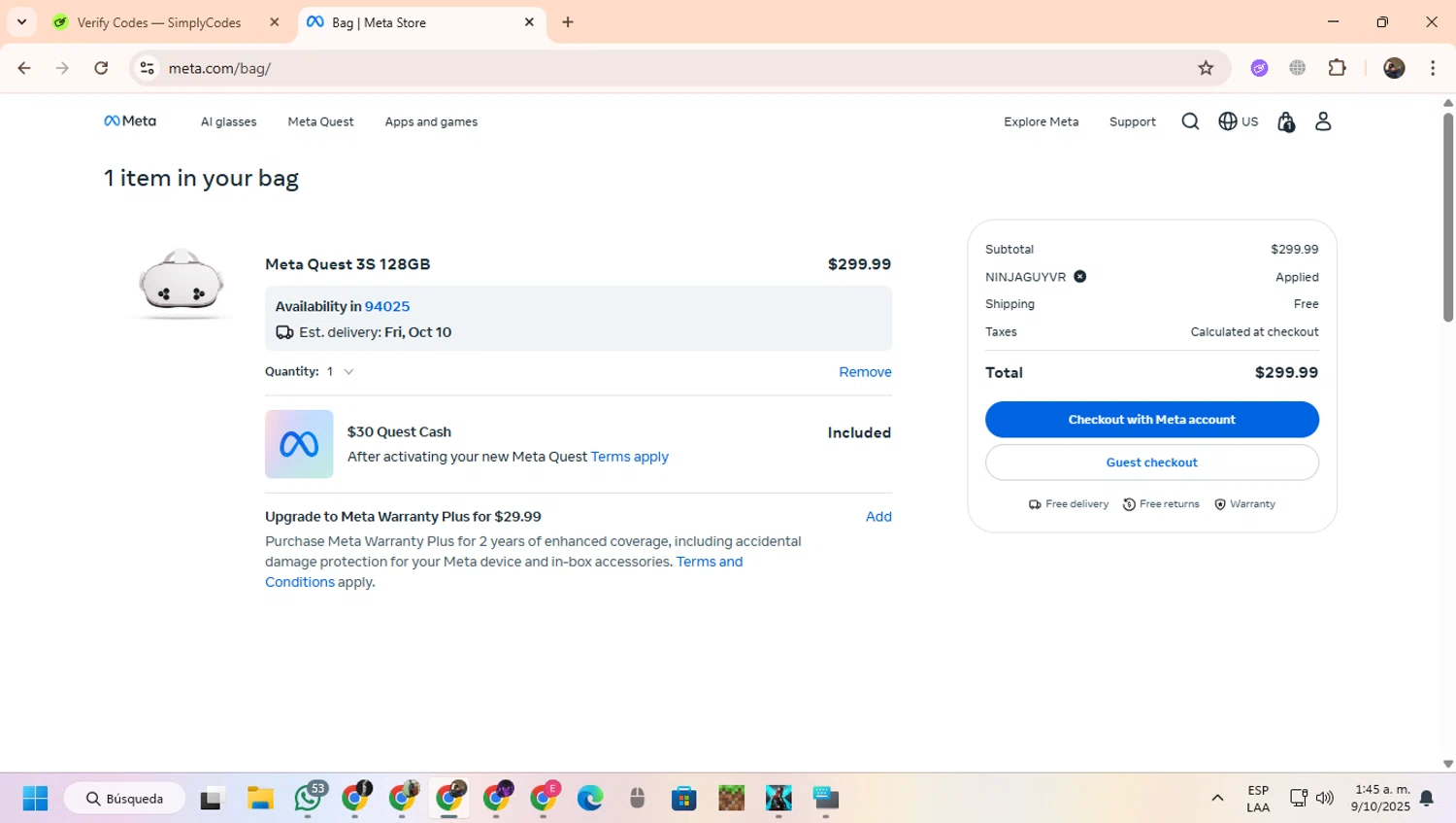 Meta Quest (formerly Oculus) promo code screenshot showing code NINJAGUYVR applied at Meta Quest (formerly Oculus) checkout page. Uploaded by SimplyCodes community member CoinScout855 on Oct 9, 2025