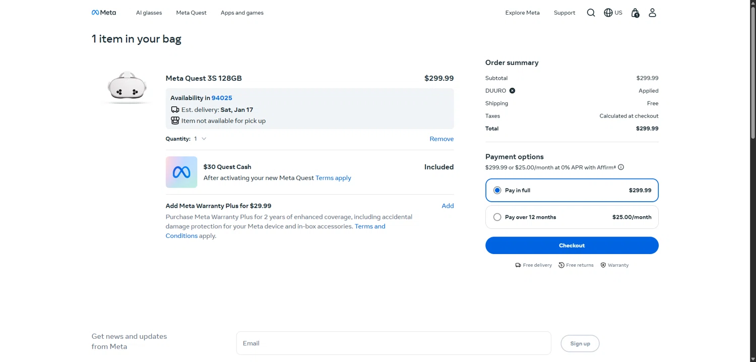 Meta Quest (formerly Oculus) checkout page showing Meta Quest (formerly Oculus) promo code box | Screenshot taken by SimplyCodes community member on Jan 16, 2026