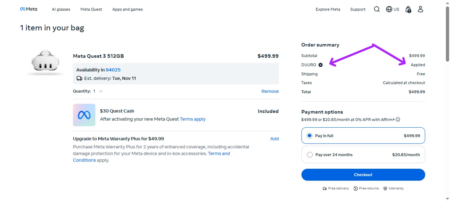 Meta Quest (formerly Oculus) promo code screenshot showing code DUURO applied at Meta Quest (formerly Oculus) checkout page. Uploaded by SimplyCodes community member JesusCaballero on Nov 9, 2025