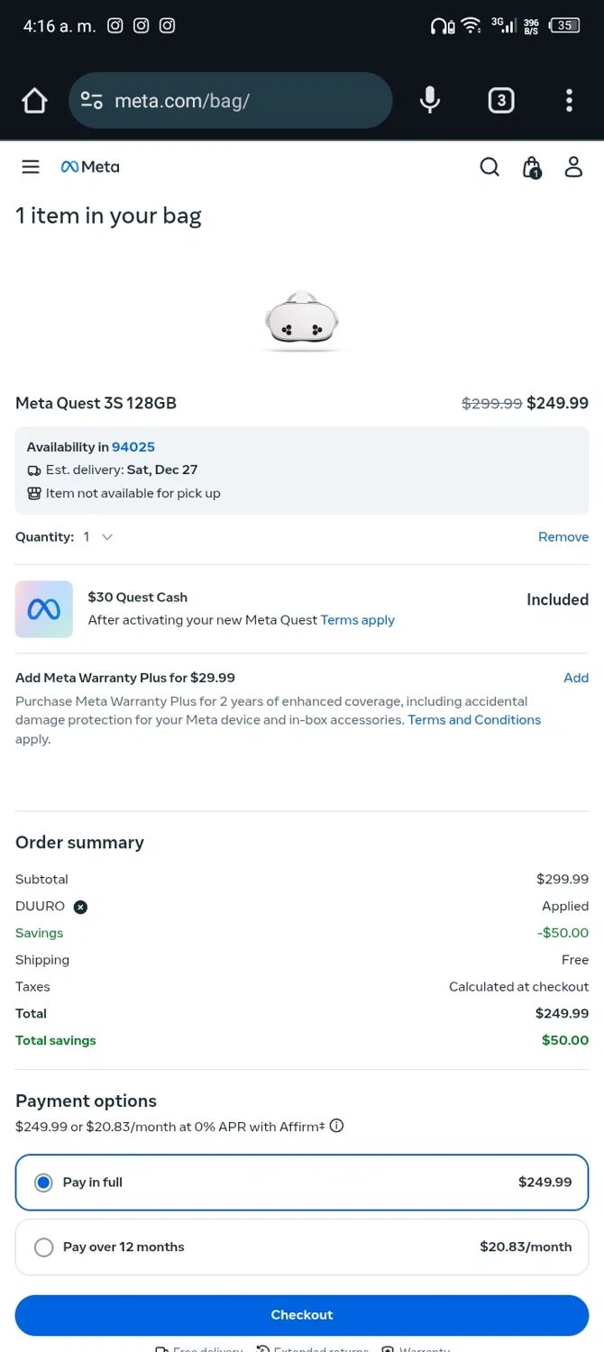 Meta Quest (formerly Oculus) checkout page showing Meta Quest (formerly Oculus) promo code box | Screenshot taken by SimplyCodes community member on Dec 25, 2025