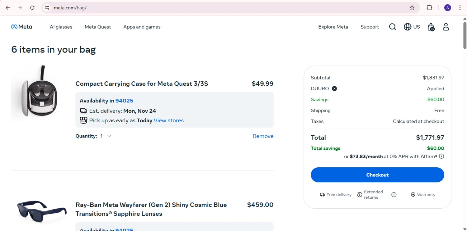 Meta Quest (formerly Oculus) promo code screenshot showing code DUURO applied at Meta Quest (formerly Oculus) checkout page. Uploaded by SimplyCodes community member PromoExpert5262 on Nov 20, 2025