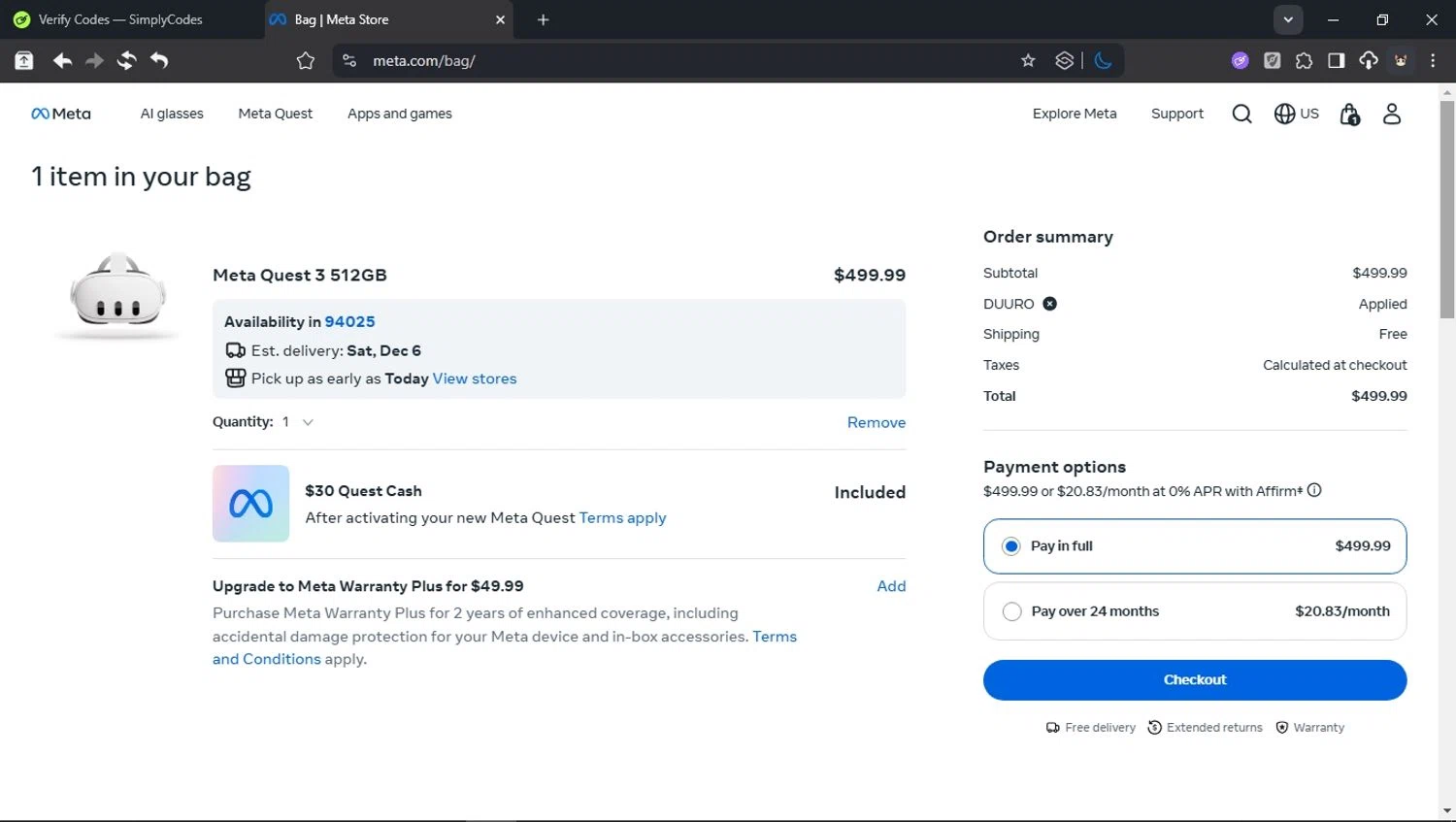 Meta Quest (formerly Oculus) promo code screenshot showing code DUURO applied at Meta Quest (formerly Oculus) checkout page. Uploaded by SimplyCodes community member domain on Dec 5, 2025