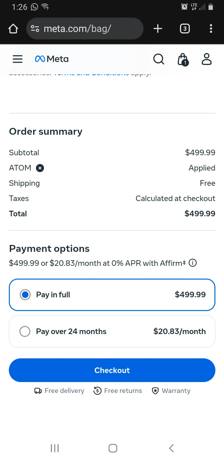 Meta Quest (formerly Oculus) promo code screenshot showing code ATOM applied at Meta Quest (formerly Oculus) checkout page. Uploaded by SimplyCodes community member billgates0997923425561 on Jan 20, 2026