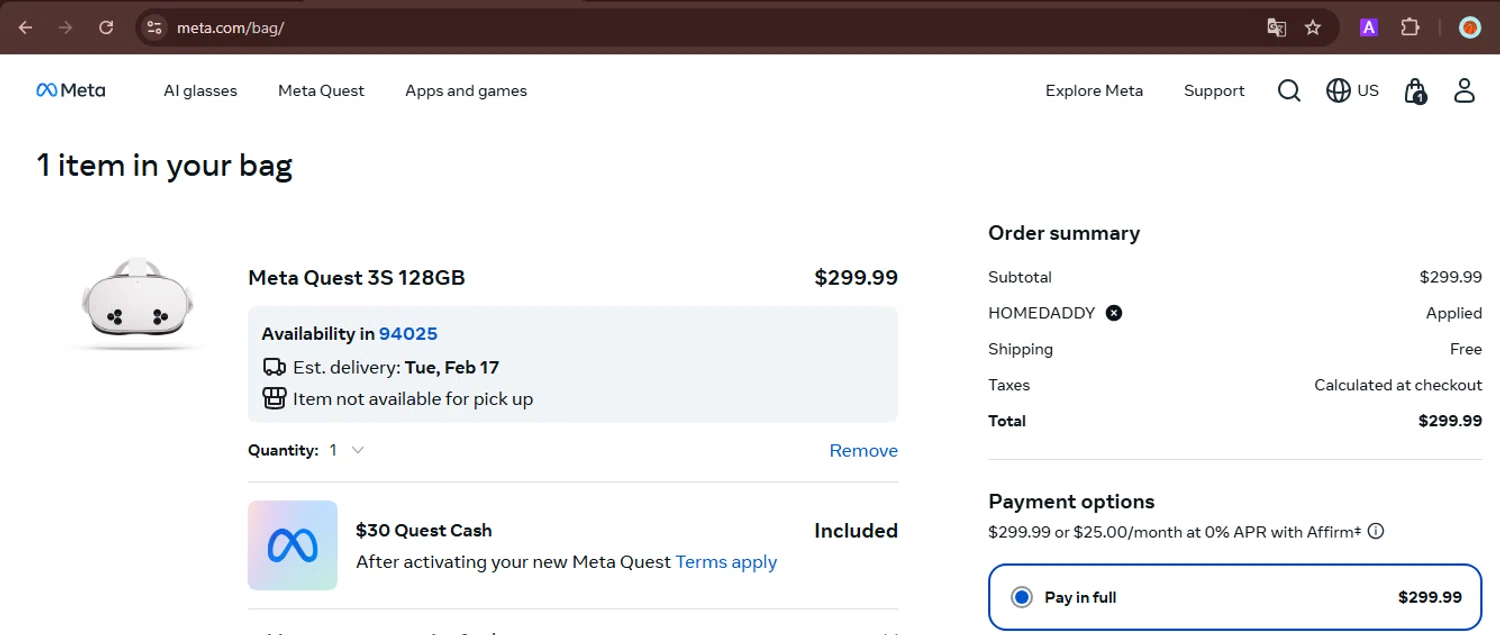 Meta Quest (formerly Oculus) checkout page showing Meta Quest (formerly Oculus) promo code box | Screenshot taken by SimplyCodes community member on Feb 13, 2026