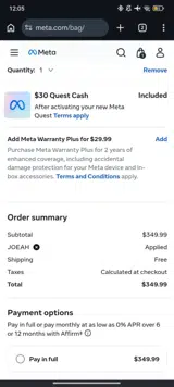 Meta Quest (formerly Oculus) coupon verification screenshot