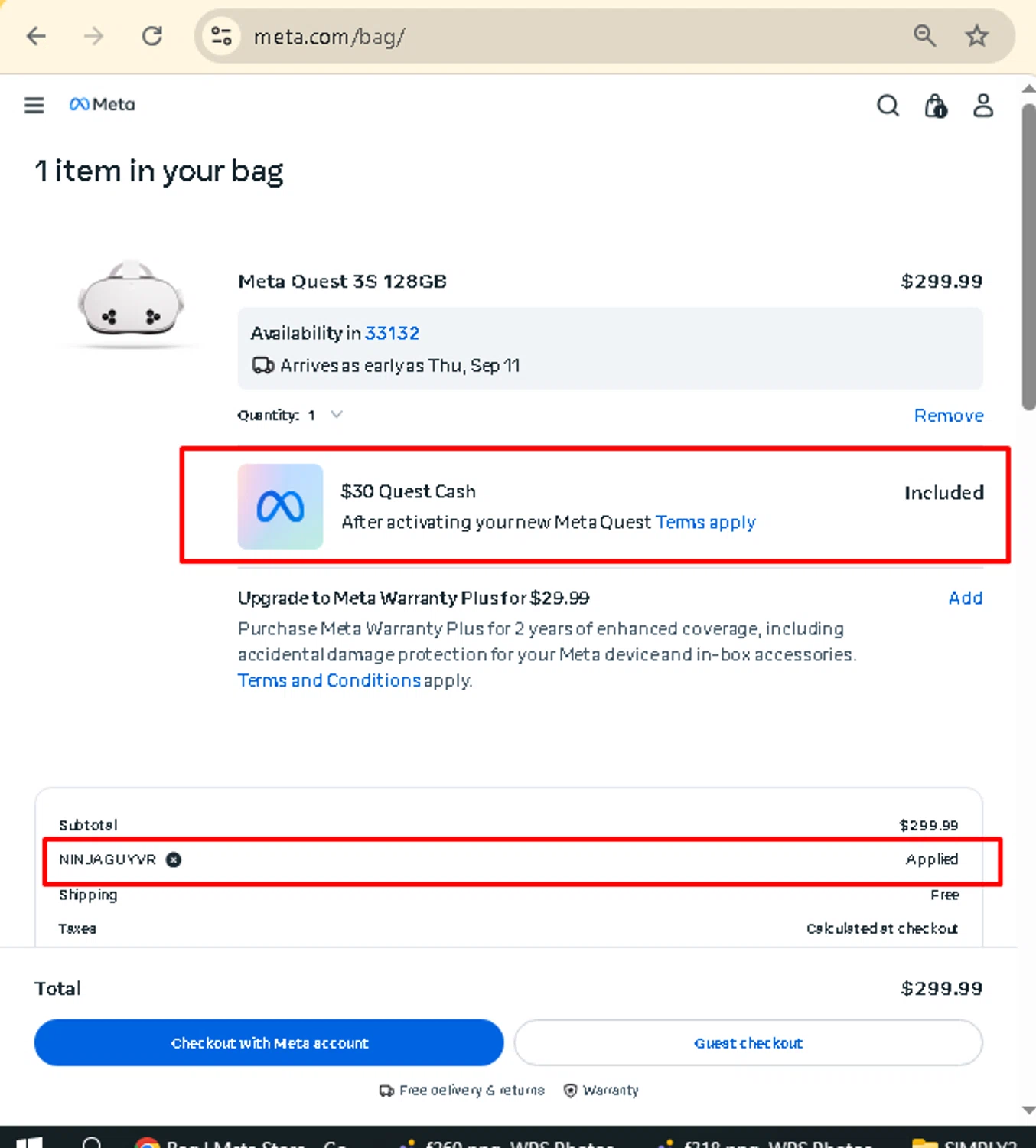 Meta Quest (formerly Oculus) promo code screenshot showing code NINJAGUYVR applied at Meta Quest (formerly Oculus) checkout page. Uploaded by SimplyCodes community member AMANDA2681 on Sep 10, 2025