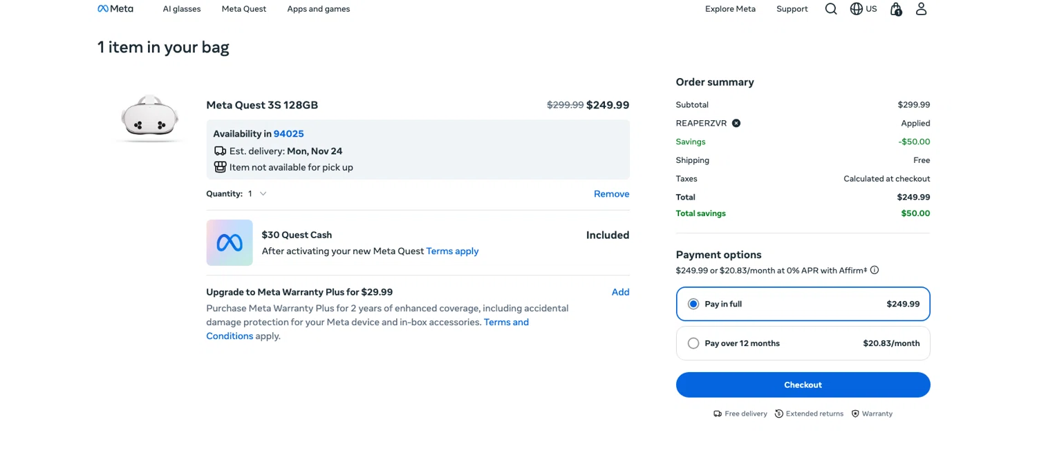 Meta Quest (formerly Oculus) promo code screenshot showing code REAPERZVR applied at Meta Quest (formerly Oculus) checkout page. Uploaded by SimplyCodes community member ELOIN777 on Nov 22, 2025