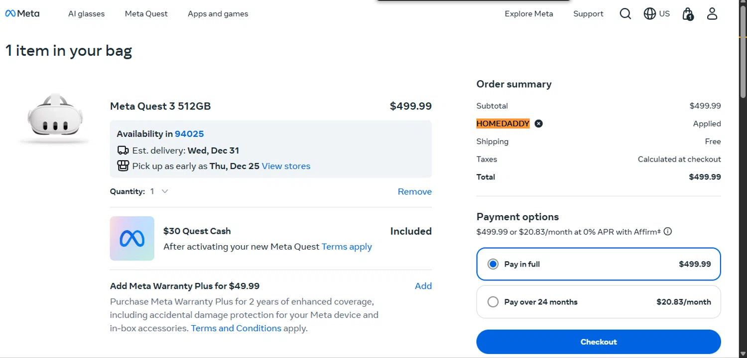 Meta Quest (formerly Oculus) promo code screenshot showing code HOMEDADDY applied at Meta Quest (formerly Oculus) checkout page. Uploaded by SimplyCodes community member RickhiK on Dec 27, 2025
