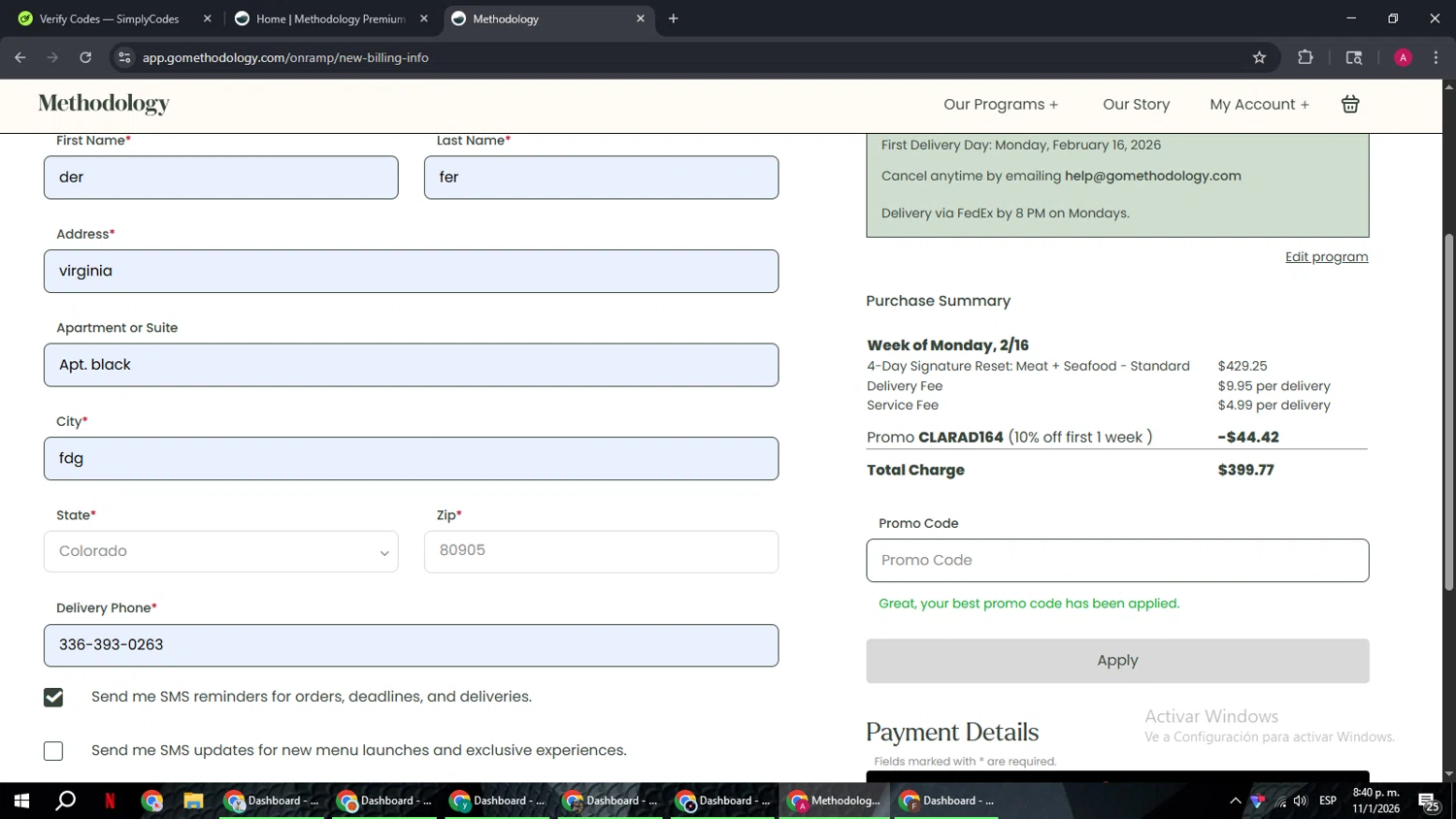 Methodology promo code screenshot showing code CLARAD164 applied at Methodology checkout page. Uploaded by SimplyCodes community member BMWGS1200 on Jan 12, 2026