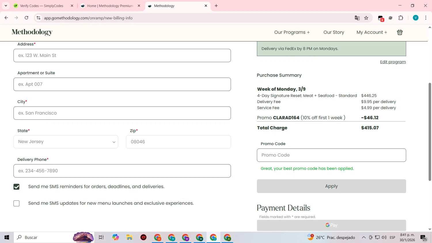 Methodology promo code screenshot showing code CLARAD164 applied at Methodology checkout page. Uploaded by SimplyCodes community member lyffytaro on Jan 31, 2026