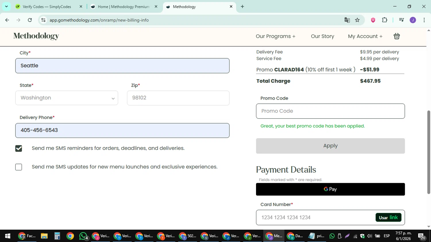 Methodology promo code screenshot showing code CLARAD164 applied at Methodology checkout page. Uploaded by SimplyCodes community member sniderjack453 on Jan 6, 2026