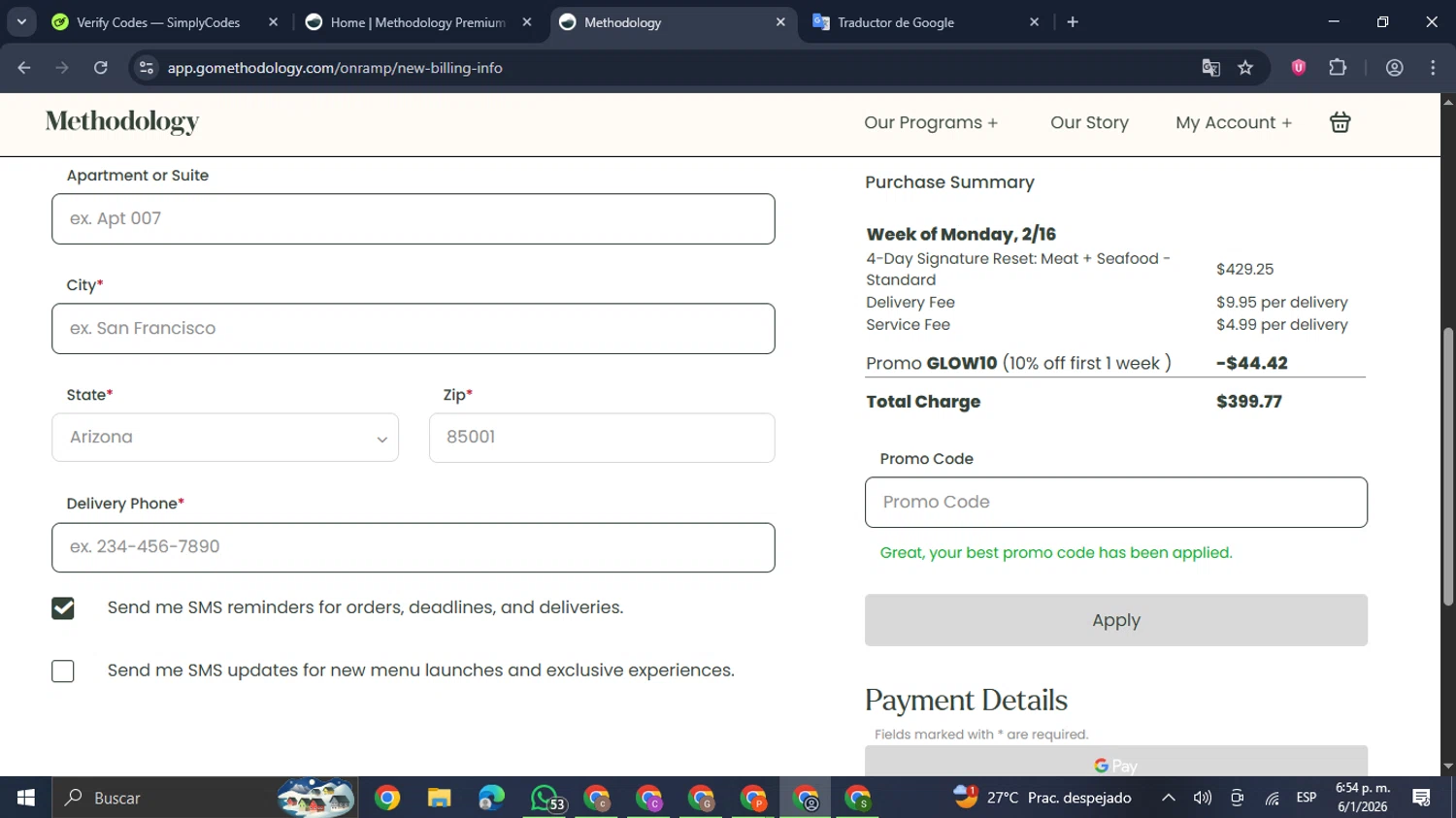 Methodology promo code screenshot showing code GLOW10 applied at Methodology checkout page. Uploaded by SimplyCodes community member GloriousDefender7889 on Jan 6, 2026