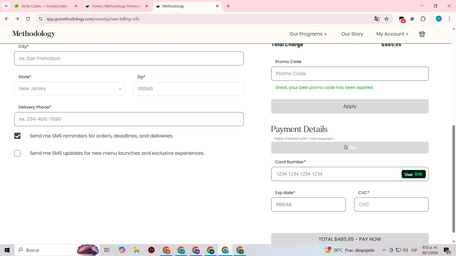 Methodology promo code screenshot showing code GLOW10 applied at Methodology checkout page. Uploaded by SimplyCodes community member lyffytaro on Jan 31, 2026