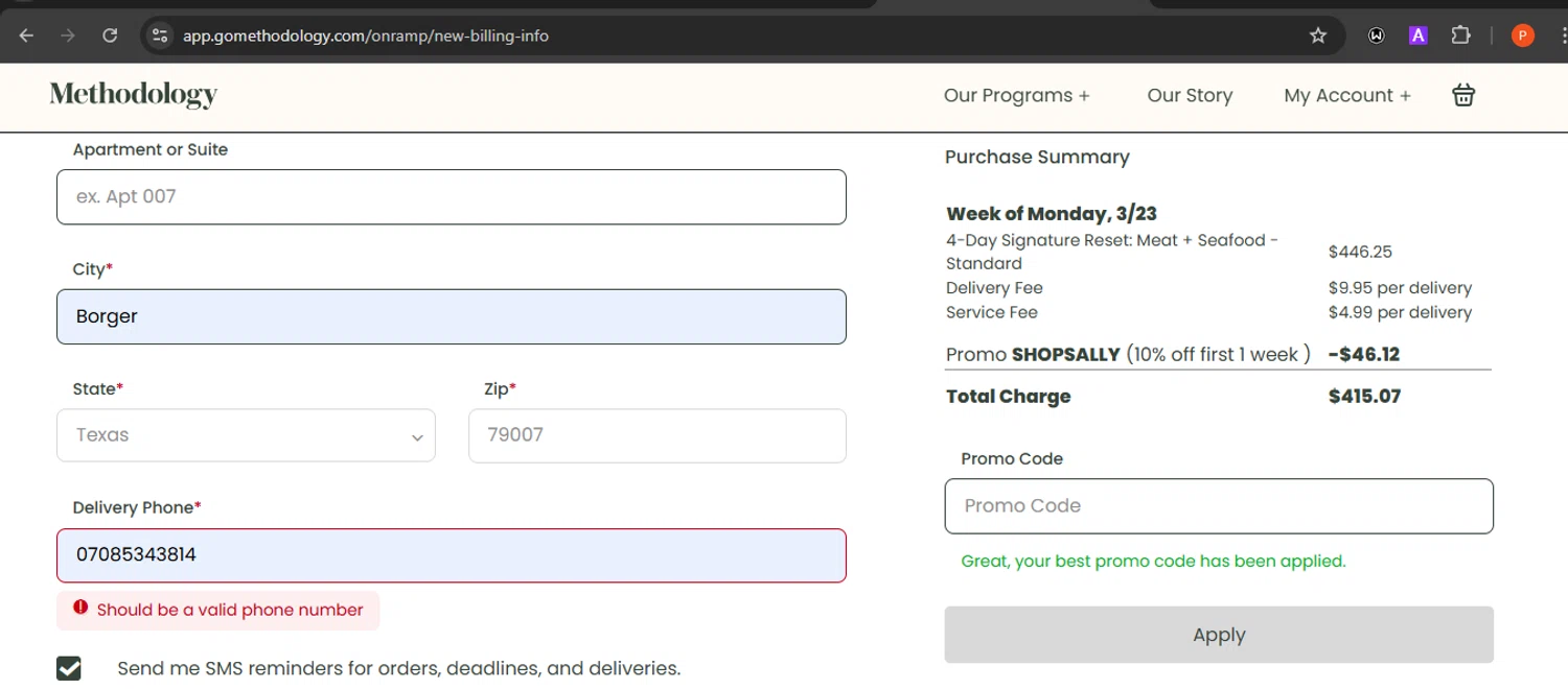 Methodology promo code screenshot showing code SHOPSALLY applied at Methodology checkout page. Uploaded by SimplyCodes community member Eminem on Feb 4, 2026