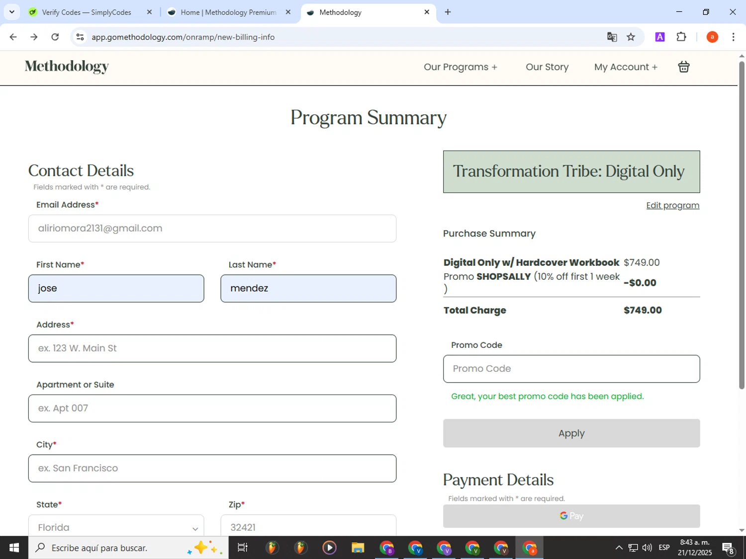 Methodology promo code screenshot showing code SHOPSALLY applied at Methodology checkout page. Uploaded by SimplyCodes community member partenalgas on Dec 21, 2025