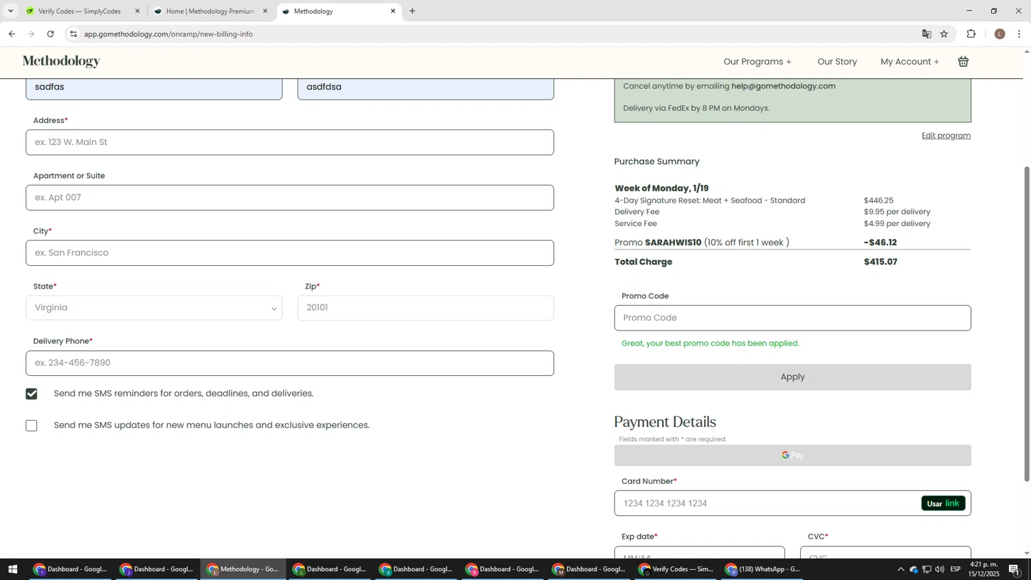 Methodology promo code screenshot showing code SARAHWIS10 applied at Methodology checkout page. Uploaded by SimplyCodes community member BENELLI on Dec 15, 2025