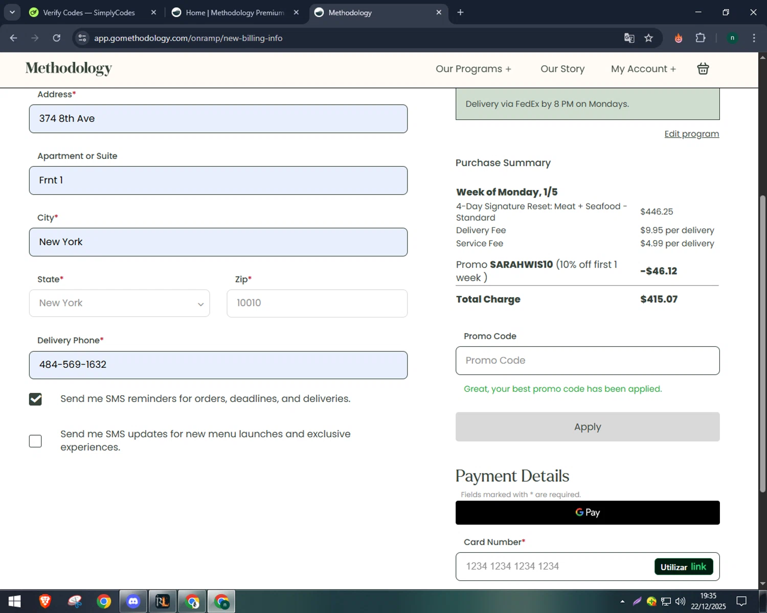 Methodology promo code screenshot showing code SARAHWIS10 applied at Methodology checkout page. Uploaded by SimplyCodes community member VoucherWizard5329 on Dec 22, 2025