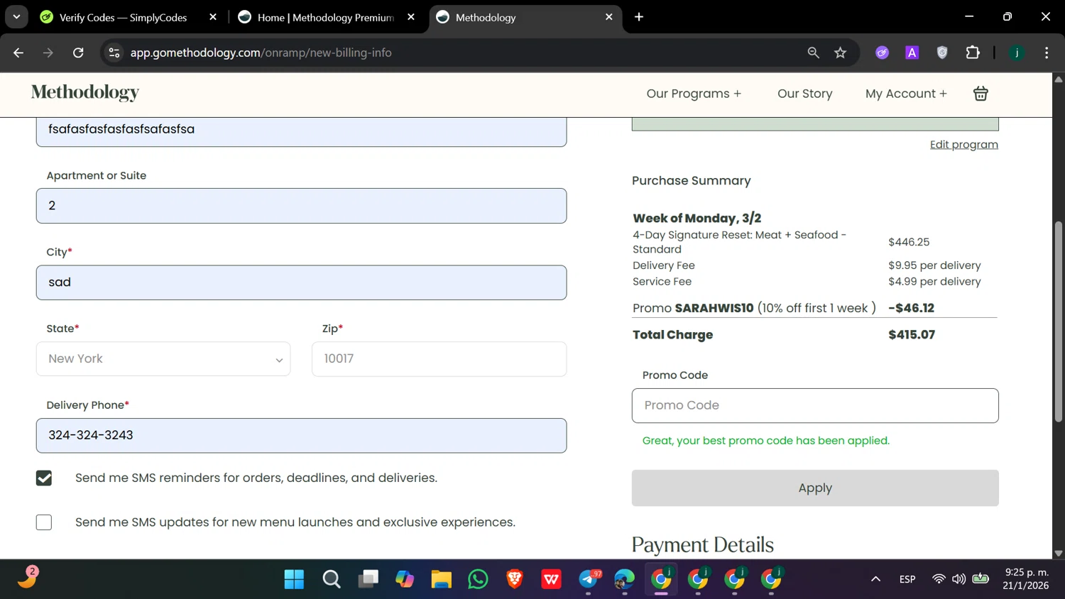 Methodology promo code screenshot showing code SARAHWIS10 applied at Methodology checkout page. Uploaded by SimplyCodes community member hanzell03 on Jan 22, 2026