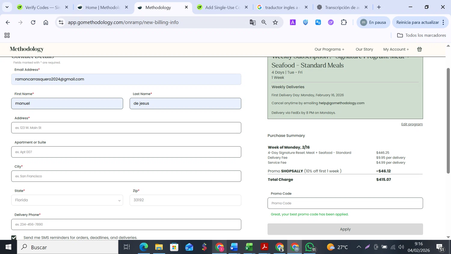 Methodology promo code screenshot showing code LISA applied at Methodology checkout page. Uploaded by SimplyCodes community member MANUELURBINA on Feb 4, 2026