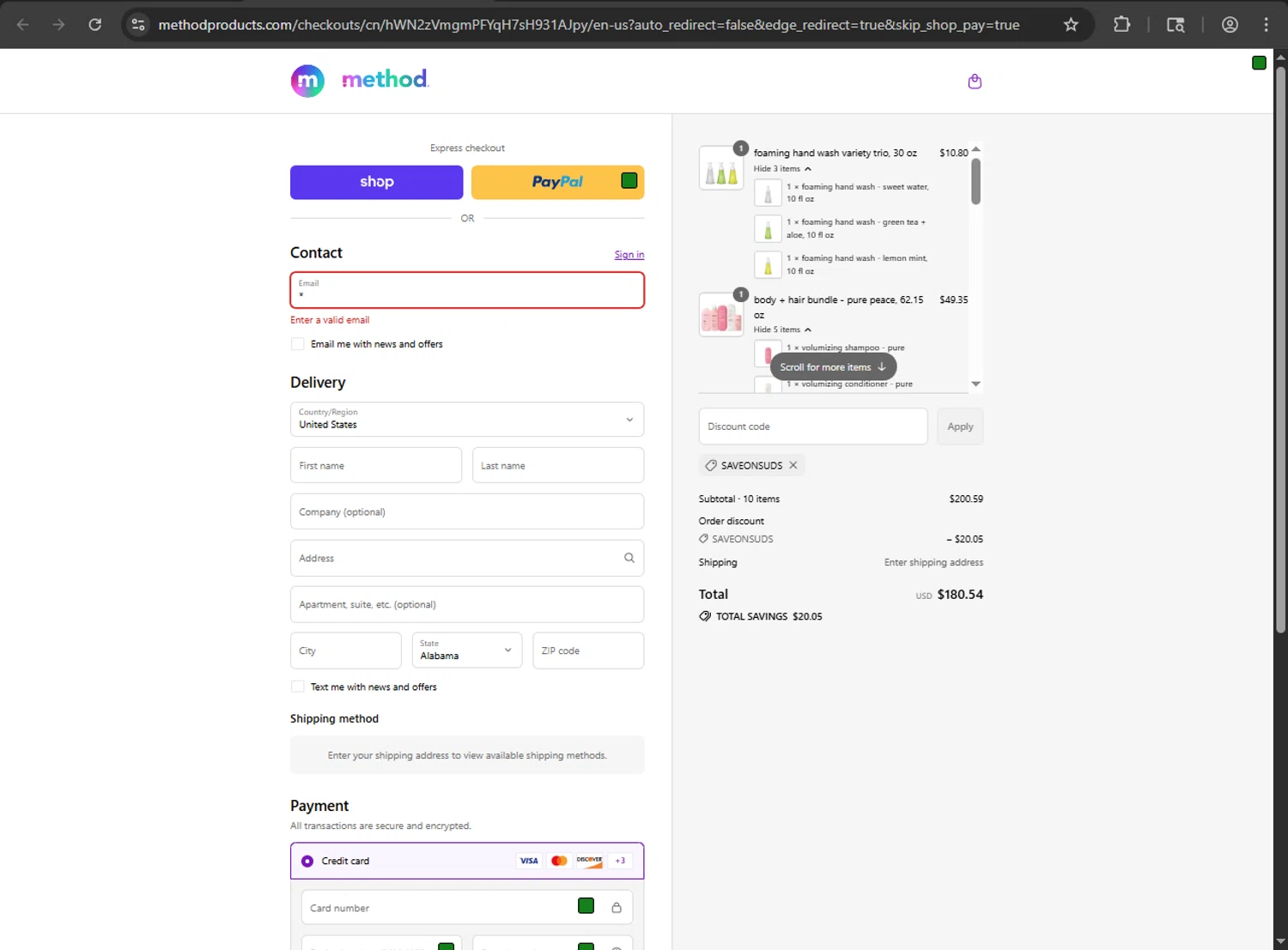 Method Products promo code screenshot showing code SAVEONSUDS applied at Method Products checkout page. Uploaded by SimplyCodes community member CouponHawk7847 on Sep 15, 2025