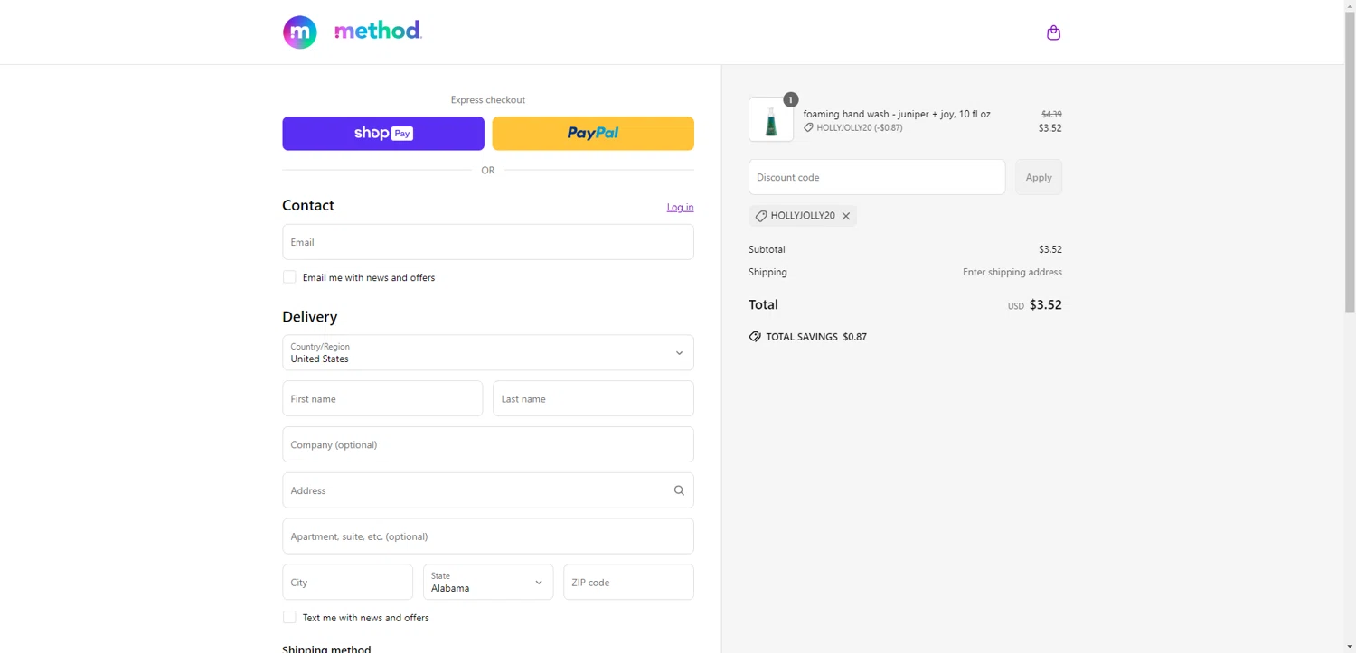 Method Products promo code screenshot showing code HOLLYJOLLY20 applied at Method Products checkout page. Uploaded by SimplyCodes community member SilverChaser3269 on Jun 18, 2025