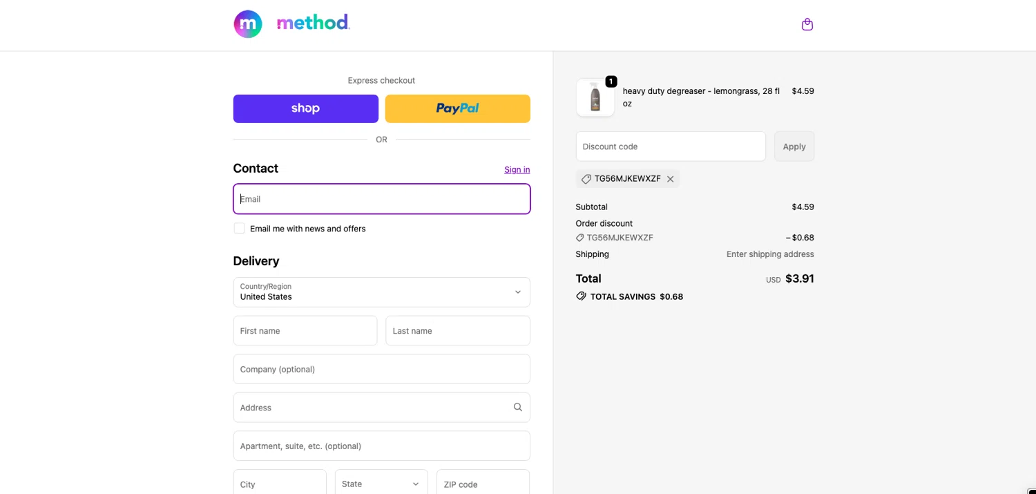 Method Products promo code screenshot showing code TG56MJKEWXZF applied at Method Products checkout page. Uploaded by SimplyCodes community member ELOIN777 on Oct 30, 2025