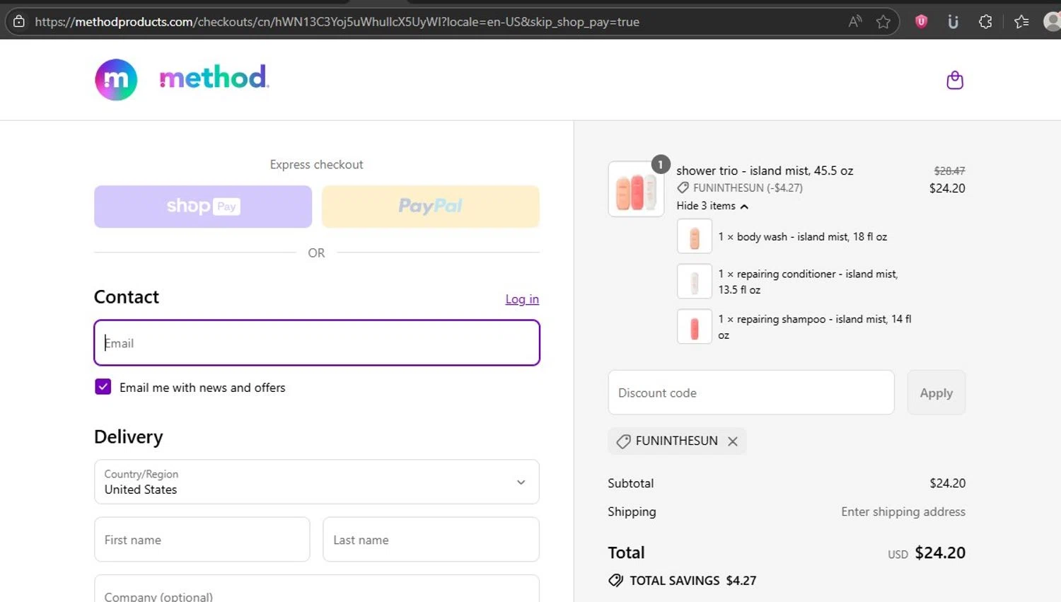 Method Products promo code screenshot showing code FUNINTHESUN applied at Method Products checkout page. Uploaded by SimplyCodes community member HonestVzla on Jul 26, 2025