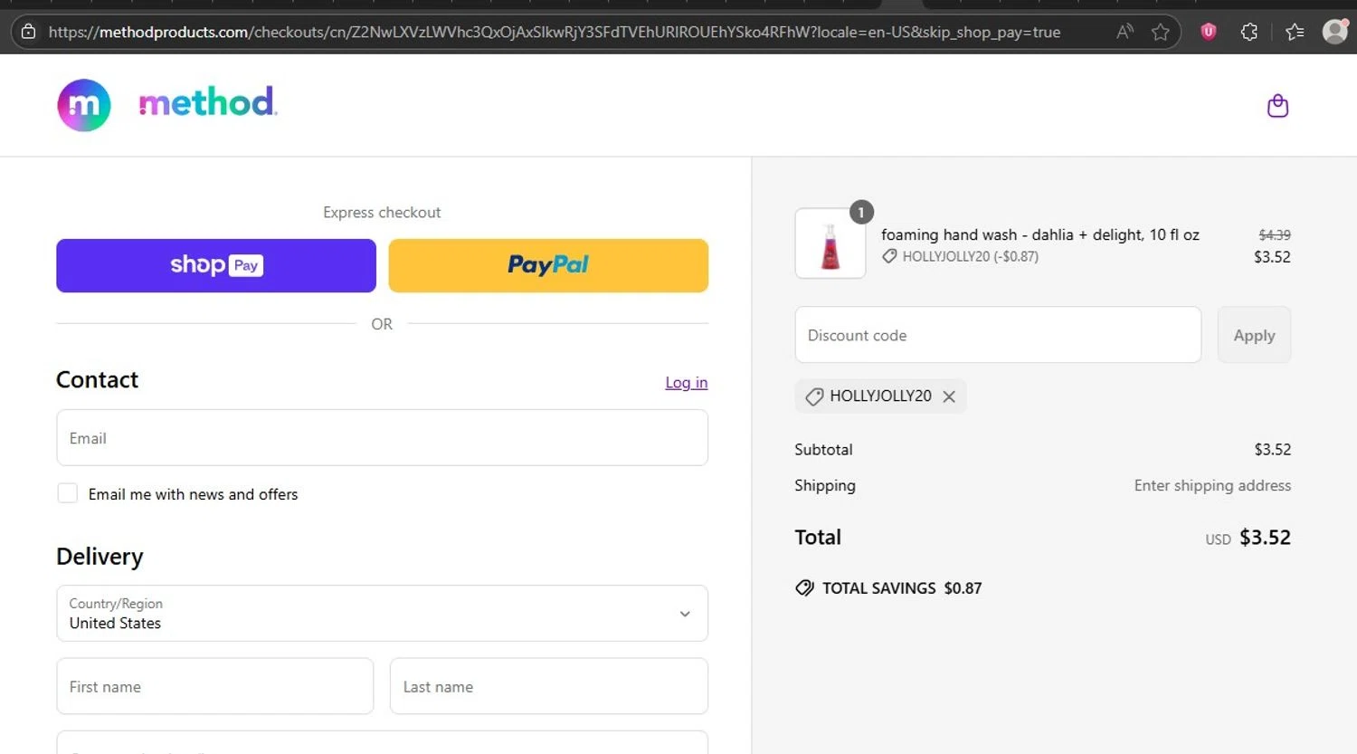 Method Products promo code screenshot showing code HOLLYJOLLY20 applied at Method Products checkout page. Uploaded by SimplyCodes community member HonestVzla on Jun 18, 2025