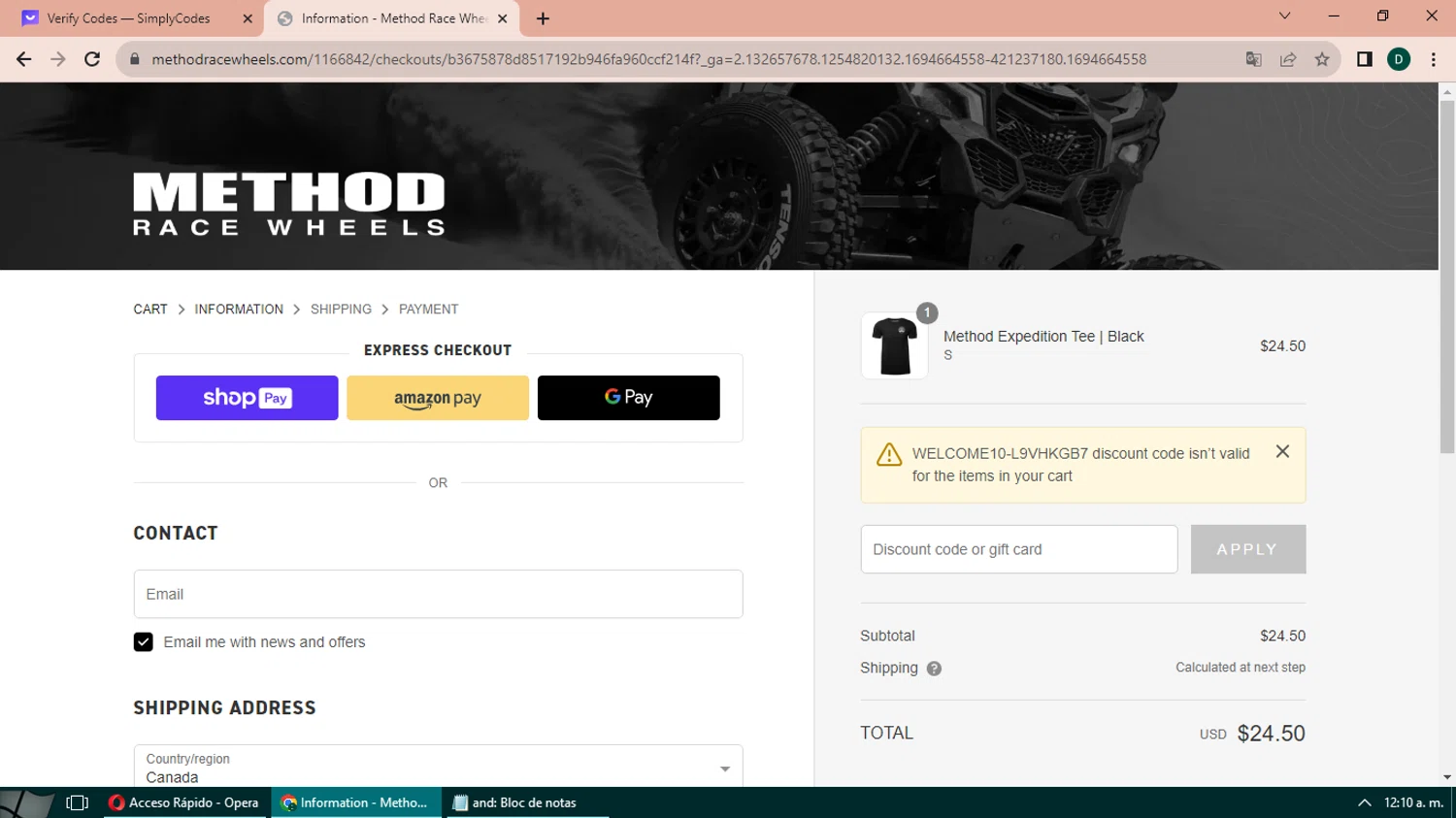Method Race Wheels checkout page showing Method Race Wheels discount code box | Screenshot taken by SimplyCodes community member on Sep 14, 2023