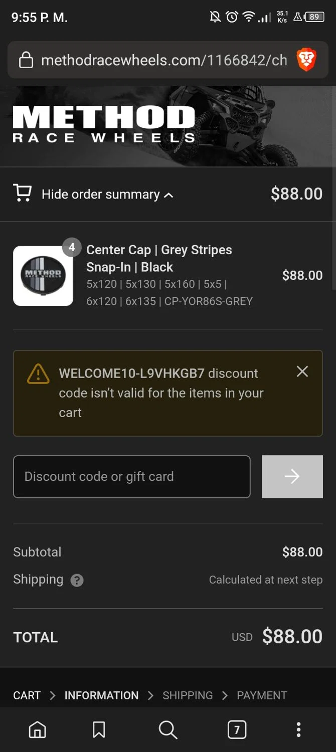 Method Race Wheels checkout page showing Method Race Wheels discount code box | Screenshot taken by SimplyCodes community member on Oct 26, 2023