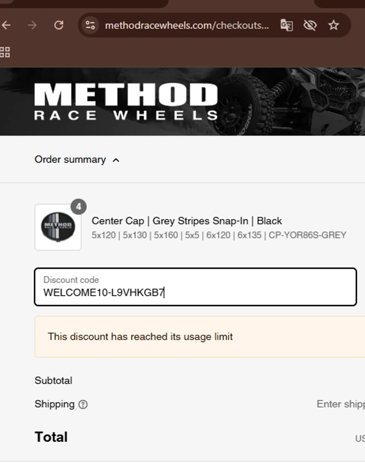 Method Race Wheels discount code screenshot showing code WELCOME10-L9VHKGB7 applied at Method Race Wheels checkout page. Uploaded by SimplyCodes community member BargainHunter8488 on Feb 6, 2025
