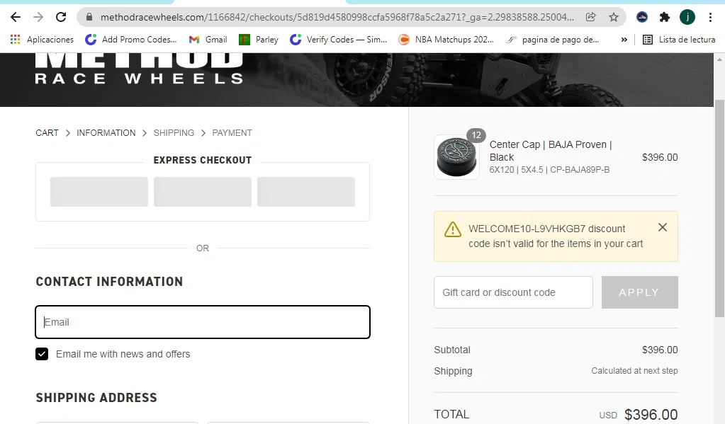 Method Race Wheels checkout page showing Method Race Wheels discount code box | Screenshot taken by SimplyCodes community member on Jan 14, 2022