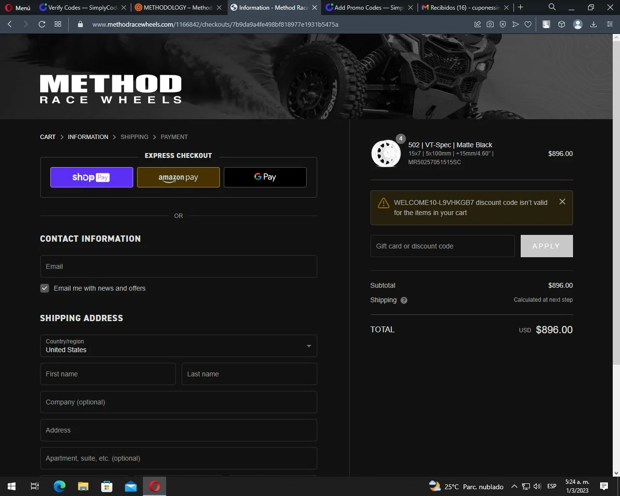Method Race Wheels checkout page showing Method Race Wheels discount code box | Screenshot taken by SimplyCodes community member on Mar 1, 2023