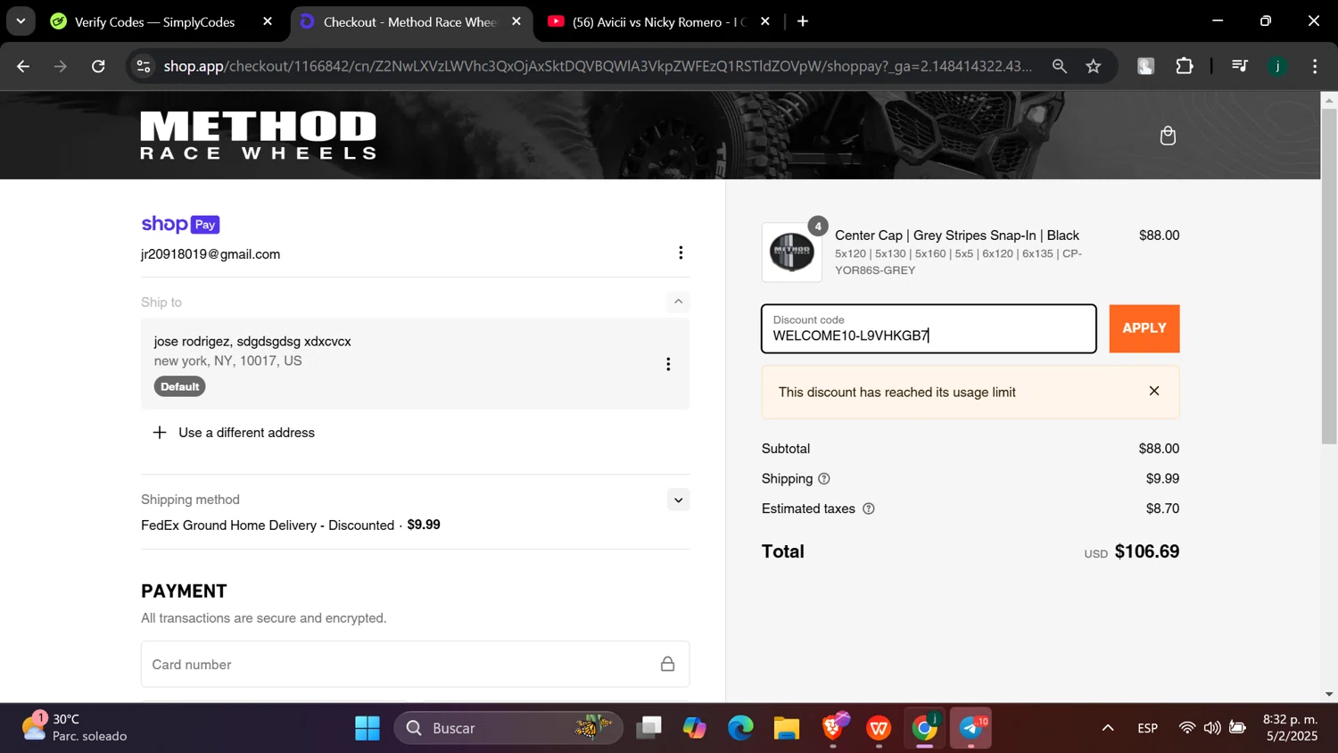 Method Race Wheels discount code screenshot showing code WELCOME10-L9VHKGB7 applied at Method Race Wheels checkout page. Uploaded by SimplyCodes community member hanzell03 on Feb 6, 2025
