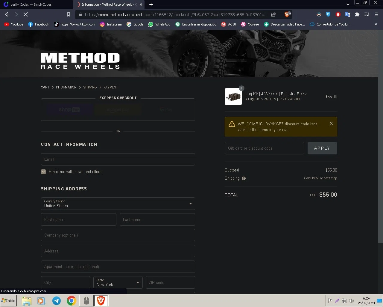 Method Race Wheels checkout page showing Method Race Wheels discount code box | Screenshot taken by SimplyCodes community member on Feb 26, 2023