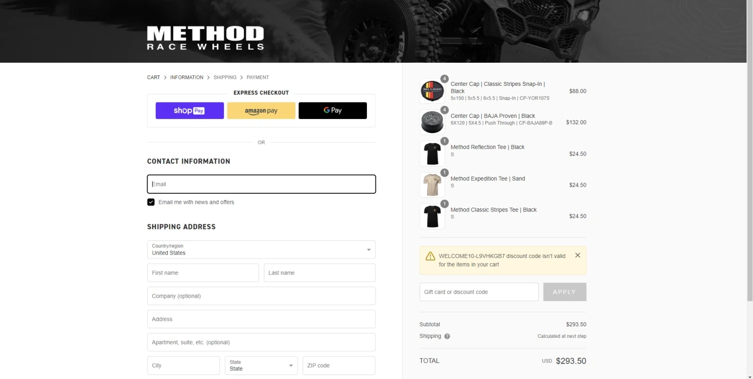 Method Race Wheels checkout page showing Method Race Wheels discount code box | Screenshot taken by SimplyCodes community member on Jan 27, 2023